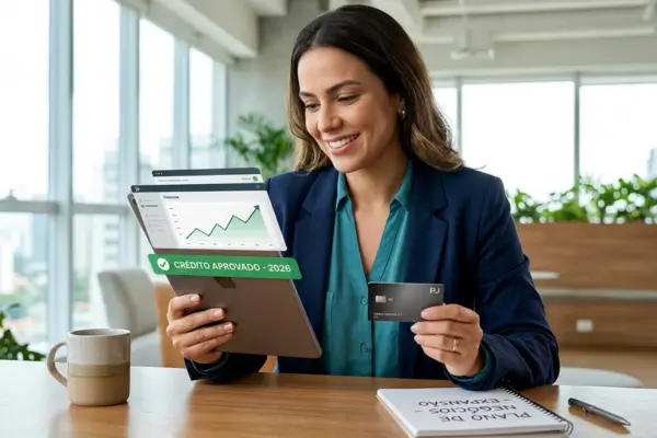 Mulher empreendedora com tablet mostrando crédito aprovado e cartão PJ em 2026